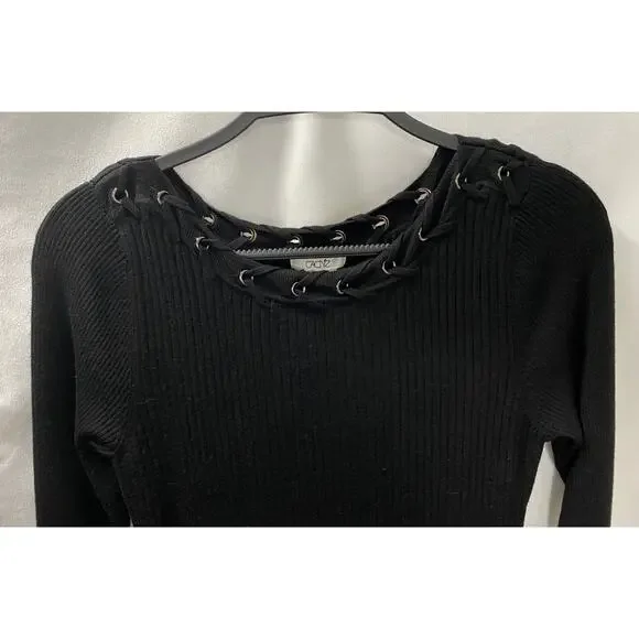 Chache Black Round Neck Long Sleeve Ribbed Knit Bodycon Dress Medium - Picture 2 of 10